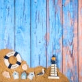 Beach poster with cabins and lighthouse