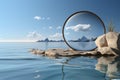 Beach product presentation podium set against a serene coastal backdrop