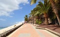 The beach and the promenade with palm trees and stone wall in Morro Jable, Fuerteventura island. Royalty Free Stock Photo