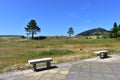 Beach promenade with stone benches, grass and pine trees. Lugo, Spain. Royalty Free Stock Photo