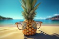 Beach ready fruit Pineapple accessorized with shades by the summer sea