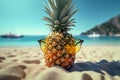 Beach ready fruit Pineapple accessorized with shades by the summer sea