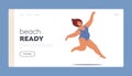 Beach Ready Landing Page Template. Joyful Plump Woman In Swimsuit Defies Societal Expectations By Energetic Jumping