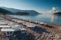 Beach recliners and facilities in Budva, Montenegro