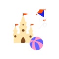 A beach with a red and blue flying kite, a ball and a sand castle.on white background.Vector illustration. Royalty Free Stock Photo