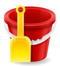 Beach red bucket and yellow shovel childrens toy for sand stock Royalty Free Stock Photo