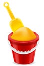 Beach red bucket and yellow shovel childrens toy for sand stock Royalty Free Stock Photo