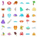 Beach relaxation icons set, cartoon style