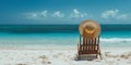 Beach Relaxation, With A Lone Chair Embellished By A Charming Straw Hat