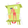 Beach rescue stands on lifeguard tower, watching through binoculars, keeps order. Security staring sea from height Royalty Free Stock Photo