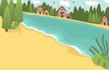 Beach resort huts cottages hotel on nord sea or lake coast in summer, trees, water, vacation cartoon vector illustration