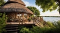 Beach resort patio with wicker chairs and palm roofs Royalty Free Stock Photo