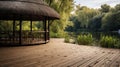 Beach resort patio with wicker chairs and palm roofs Royalty Free Stock Photo