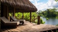 Beach resort patio with wicker chairs and palm roofs Royalty Free Stock Photo