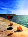 Beach restaurant ,summer seaside leisure  glass of red wine on stone and seashells nature panorama blue sky and sea water  reflect Royalty Free Stock Photo