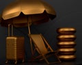 Beach rings, chair, umbrellas and lugagge on podium on monochrome background.