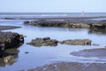 beach rocks covered with mollusks. Sand, water, reflections and some unrecognizable people walking Royalty Free Stock Photo