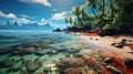 A beach with rocks, grass, and palm trees, AI