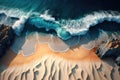 Beach, rocks and waves in the sea, drone view, background. AI generative