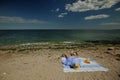 Beach in Romania, Black sea in Constanta city with woman on the shore