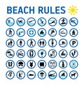 Beach rules icons set and sighns on white with desihn in circles. Set of icons and symbol for prohibited items. Royalty Free Stock Photo