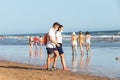 Punta Umbria, Huelva, Spain - August 2, 2020: Beach safety guard of Junta de Andalucia is controlling the social distancing and