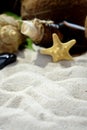 Beach sand, bottle with letter inside, seashells and starfish. Royalty Free Stock Photo