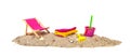 Beach sand with chair and toys Royalty Free Stock Photo