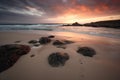 Beach and sand landscape photo on a slightly foggy summer morning. Generative AI Royalty Free Stock Photo