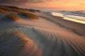 Beach and sand landscape photo on a slightly foggy summer morning. Generative AI Royalty Free Stock Photo