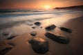 Beach and sand landscape photo on a slightly foggy summer morning. Generative AI Royalty Free Stock Photo