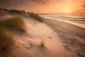 Beach and sand landscape photo on a slightly foggy summer morning. Generative AI Royalty Free Stock Photo