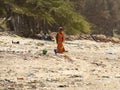Beach sand and ocean with so many garbage plastic pollution in Senegal Royalty Free Stock Photo