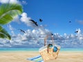 Tropical   beach white  sand blue sea water birds on  sky white clouds  sunshine palm tree branch  summer landscape  summer umbrel Royalty Free Stock Photo