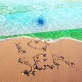 Beach sand, sea and flag India. I love India concept Royalty Free Stock Photo