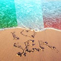 Beach sand, sea and flag Italy. I love Italy concept Royalty Free Stock Photo