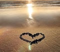 Drawing Romantic heart symbol on beach sand sea water wave sunny day blue sky , summer holiday background