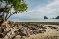 Beach with sand and stones in Krabi area, tree with green leaves on the left, Thai island in the background, small ship, blue sky Royalty Free Stock Photo