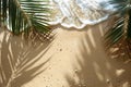 Beach sand texture with palm leaf shadow and water drops, top view, close up, concept of empty space Royalty Free Stock Photo