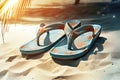 Beach sandals left near a beach towel realistic tropical background Royalty Free Stock Photo