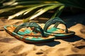 Beach sandals left near a beach towel realistic tropical background Royalty Free Stock Photo