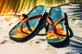 Beach sandals left near a beach towel realistic tropical background Royalty Free Stock Photo