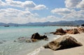 A beach in Sardegna, Sardinia, Italy Europe with rocks and sailing boats