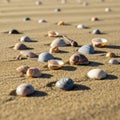 Beach scattered with various seashells of different sizes and Royalty Free Stock Photo