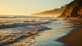 a beach scene with birds flying over the waves of the ocean Royalty Free Stock Photo