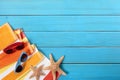 Beach scene with blue wood decking Royalty Free Stock Photo