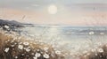 Romantic Moonlit Seascapes: White Wild Flowers On The Beach