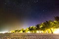 Beach scene at night. Stars and milky way with palm trees and sandy beach Royalty Free Stock Photo