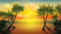 Beach scene. Ocean sky background. Seashore landscape for summer travel banner. Nature art palm tree and clouds. Scenic