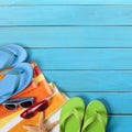 Summer background beach flip flops copy space blue Royalty Free Stock Photo